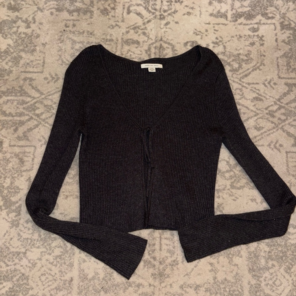 Dark Grey Ribbed Long Sleeve Crop Top